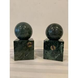 Green Marble Pair Bookends Spheres on Pedestals Taiwan Vintage